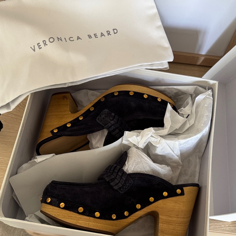 Veronica Beard Black and Gold Studded Mules
